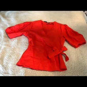 Zara Poppy colored short sleeve linen wrap jacket